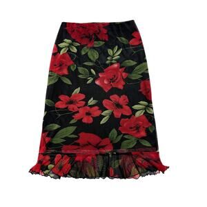 Y2K VTG imi Floral Mesh Midi Skirt Whimsygoth Goth Lettuce Hem Black Red Roses M